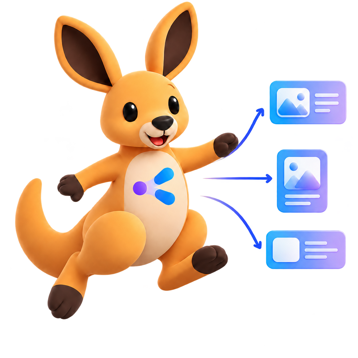 Droo, the Syndroo mascot, jumping as one post fans out to platform cards