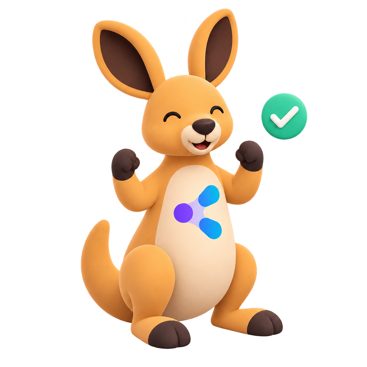 Droo, the Syndroo mascot, smiling beside a green confirmation check